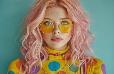 Trendy young woman with pink curly hair wearing yellow sunglasses and colorful polka dot outfit against turquoise background Generative AI