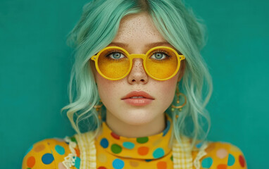 Trendy young woman with turquoise hair wearing yellow sunglasses and colorful polka dot outfit against teal background Generative AI