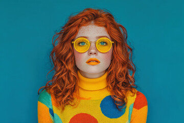 Fashionable young woman with curly red hair in yellow sunglasses and colorful polka dot sweater against blue background Generative AI