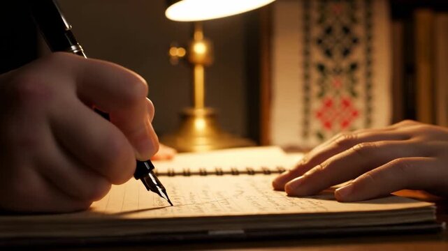 Hand holding pen writing in notebook under warm desk lamp