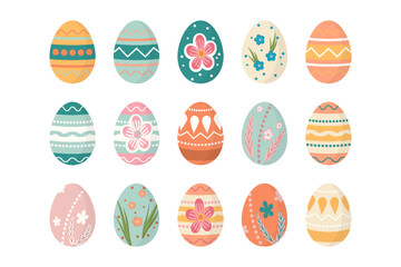 Vector set of Easter eggs decorated Geometric and floral ornaments in soft pastel colors including yellow, pink, blue, and orange. Perfect for spring holidays, greeting cards, prints, festive designs.