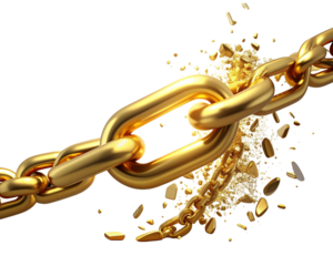 Floating broken chain transforming into smooth gold links, freedom and success concept