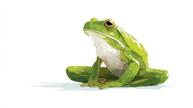 A green frog sits calmly with its legs stretched out. The frog has a smooth, vibrant green body and a white underbelly, showcasing its natural habitat.