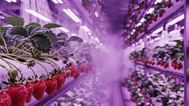 Vertical Farm Strawberries Growing Under Purple LED Lights with Misting System.