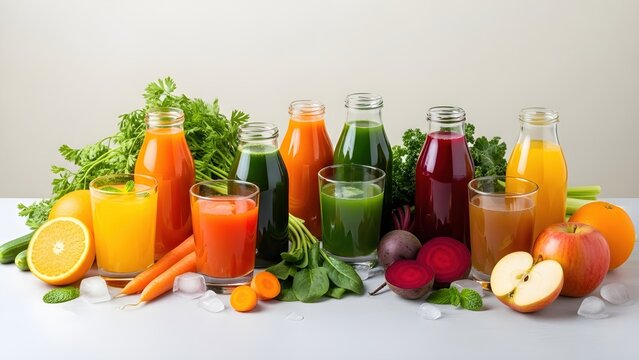 Fresh Vegetable and Fruit Juices: Assorted glass bottles and cups with orange, carrot, beet, apple, and green kale juice, healthy lifestyle, detox diet, organic cold pressed beverage concept