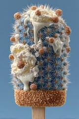 Surreal cactus shaped like ice cream popsicle with whipped cream, nuts and melting texture against blue background Generative AI