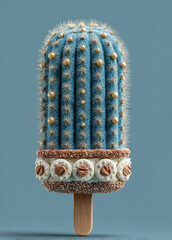 Blue cactus shaped like ice cream popsicle decorated with pearls, cookies and cream details against pastel blue background Generative AI