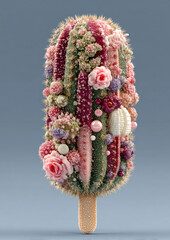 Colorful cactus shaped like ice cream popsicle adorned with flowers, pearls and candy textures on soft blue background Generative AI