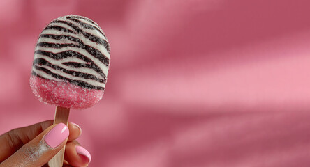 Zebra-striped pink popsicle with frosty texture held by a hand with glossy pink nails against a soft pink background Generative AI