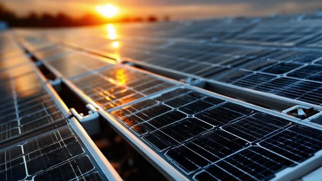 Renewable Energy: A close-up shot of solar panels in the warm glow of the setting sun, offering a compelling visual representation of clean, sustainable energy. 