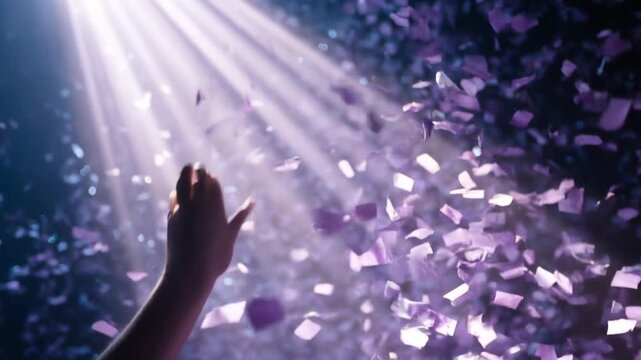 Football fans cheering loudly in night stadium concept. A hand reaching out amidst falling confetti, illuminated by beams of light.