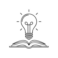 Line art illustration of light bulb above open book representing inspiration or idea