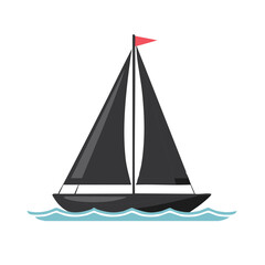 Fototapeta premium Black Sailboat Gliding on Gentle Blue Waves Nautical Vessel Leisurely Boat Trip Graphic