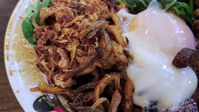 Top view of Malaysian Chilli "Pan Mee". Traditional chinese food in Singapore and Malaysia.