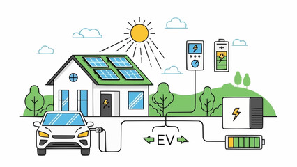 Electric car charging at home with solar panels and battery storage.