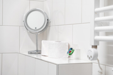 Modern bathroom interior with white tiled walls, a vanity mirror, toilet paper, and a heated towel rail, conveying a clean and hygienic domestic space