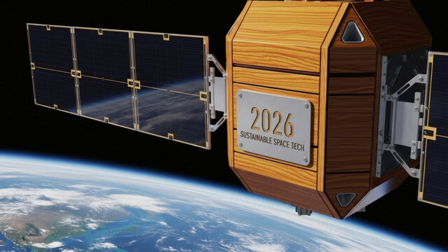 Close-up of a small, functional satellite with a varnished wooden casing and solar panels, orbiting Earth against the blackness of space, natural wood grain visible, 2026, sustainable space tech