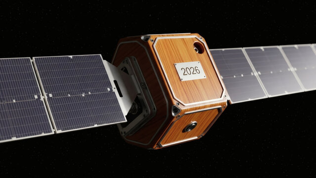 Close-up of a small, functional satellite with a varnished wooden casing and solar panels, orbiting Earth against the blackness of space, natural wood grain visible, 2026, sustainable space tech