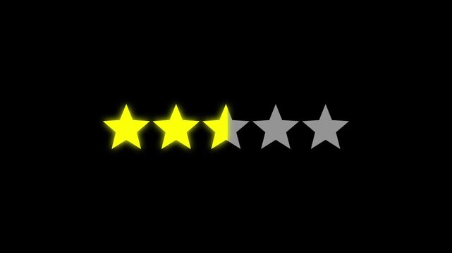 Glowing 2.5 star. glowing 5 of 2.5 stars.Customer rating 2.5 stars reviews on yellow glowing colour on black background
