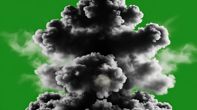 Explosive volcanic eruption with massive smoke and ash cloud against green background