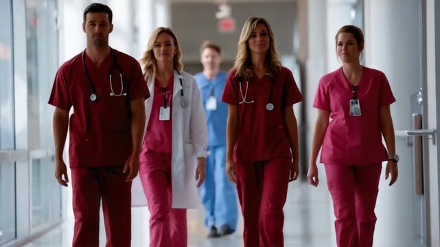 Medical Professionals in Motion: A team of dedicated medical professionals confidently strides through a modern hospital hallway, radiating competence and care.