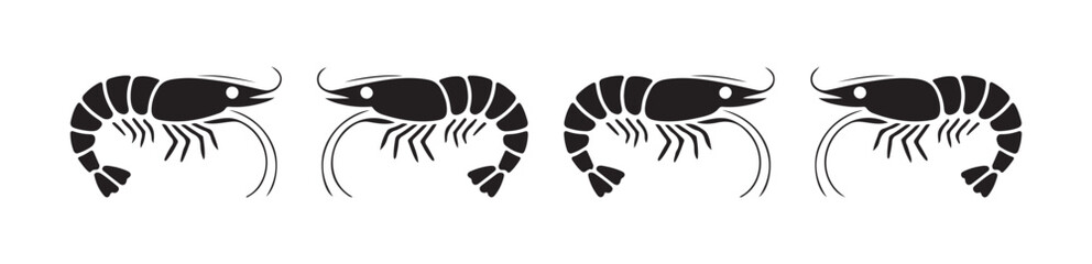 Simple black shrimp icons set four different side view illustrations on white vector