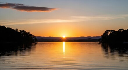 Brilliant orange sun descends over a calm body of water flanked by dark silhouettes of land.
