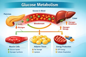 Vector medical diagram of glucose metabolism Liver pancreas bloodstream educational infographic 