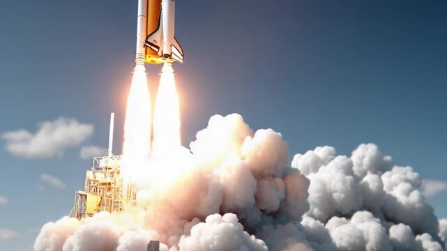 Rocket's Ascension: A powerful rocket launches skyward, propelled by a fiery exhaust, against a backdrop of fluffy clouds and a bright blue sky, symbolizing innovation and exploration.