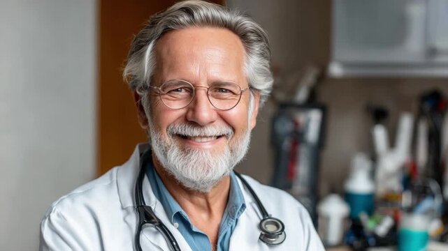 Smiling Medical Professional: A seasoned medical professional radiates warmth and expertise, donning glasses and a stethoscope, ready to provide care and support.
