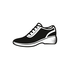 Black and white illustration of single athletic running shoe sneaker isolated on pure white background for design or print project