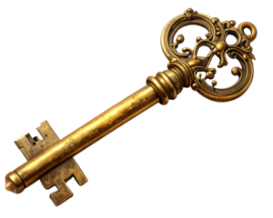 Golden key antique style, isolated on transparent background