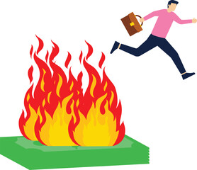 Businessman jumping over the fire of money

