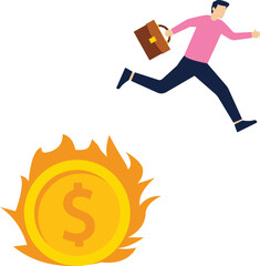 Businessman jumping over the fire of money

