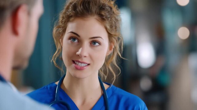 Focused Dialogue: Two medical professionals in a hospital setting, engaged in a conversation that reveals genuine interaction and professional rapport.