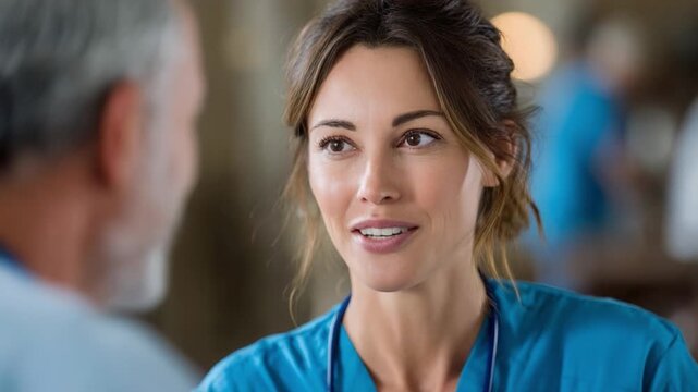 Compassionate Caregiver in Conversation: A dedicated female healthcare professional engages in a thoughtful conversation with an elderly patient, conveying empathy and attentive care.