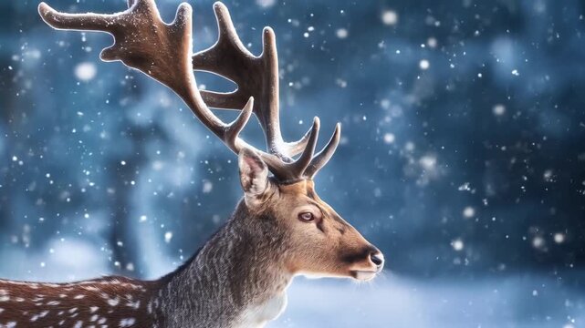 Deer standing in snowy winter forest. Christmas concept with majestic antlered animal for holiday greeting card design.