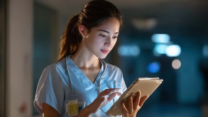 Dedicated Healthcare Professional: A dedicated healthcare professional diligently examines a digital tablet in a softly lit medical setting, engrossed in the pursuit of patient care. - Powered by Adobe