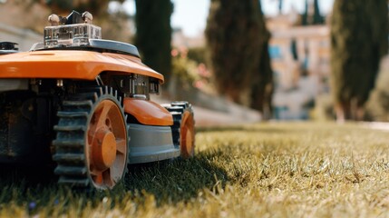 Dynamic medium shot of an autonomous lawn mower bot adjusting its cutting mechanism midlawn showcasing adaptive terrain handling in a modern residential setting.