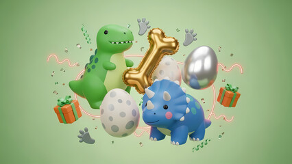 A delightful 3D illustration featuring adorable cartoon dinosaurs, festive gift boxes, and large dinosaur eggs, perfect for a prehistoric party or children's celebration with a playful