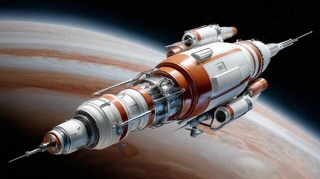 Futuristic Spacecraft in Cosmos: A cutting-edge spacecraft, designed for interstellar voyages, glides through the inky blackness of space.