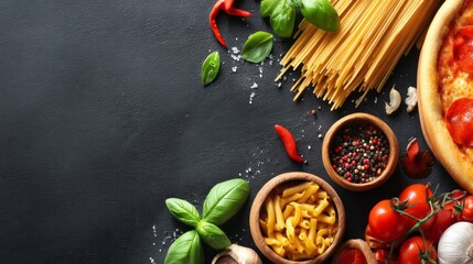 Colorful assortment of Italian cuisine showcases uncooked pasta, fresh basil, spicy peppers, and a homemade pizza, all arranged artfully on a dark surface filled with culinary delight