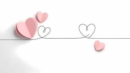 Delicate pink paper hearts and continuous line drawings intertwine on a pristine white background, symbolizing love, connection, and romantic celebration for special occasions