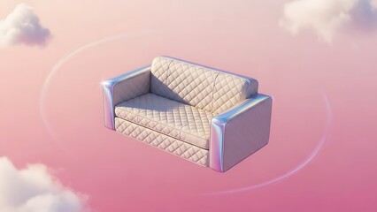 Naklejka premium Futuristic Quilted Sofa with Iridescent Edges in Ethereal Pink Cloudscape
