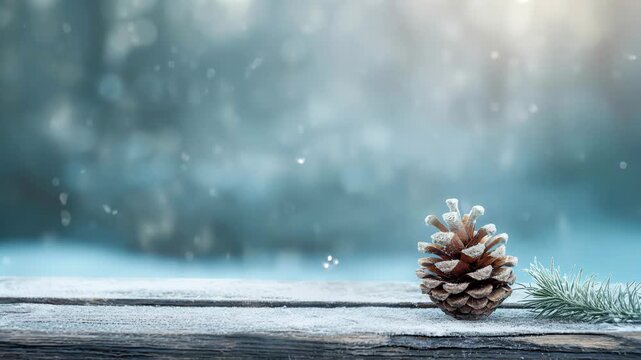 Frosted pinecone and fir branch on snowy wooden surface with falling snowflakes, winter holiday scene background