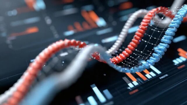 DNA Helix and Data Analysis: A striking visual of a DNA helix intertwined with data charts, symbolizing the intersection of genetics and scientific analysis. 