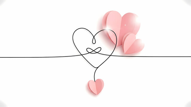 A graceful continuous line art illustration forming an intricate heart, beautifully paired with soft pink paper hearts, symbolizing infinite love and deep romantic connection