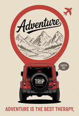 This vibrant image showcases a red jeep off-roading through majestic mountains, celebrating the spirit of adventure and the thrill of exploration in the great outdoors. © Yuyin