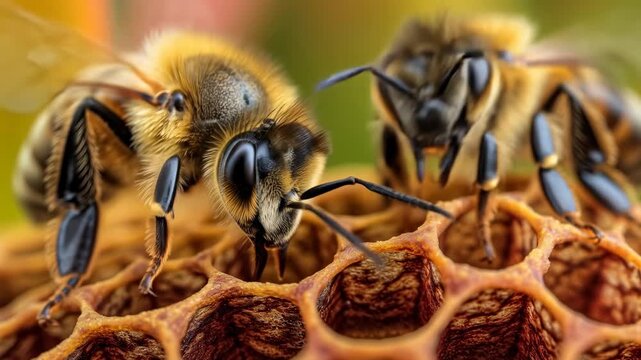 Two honey bees on a honeycomb, examining cells. Insect life sequence showing detail of nature, honey production, and bee behavior.