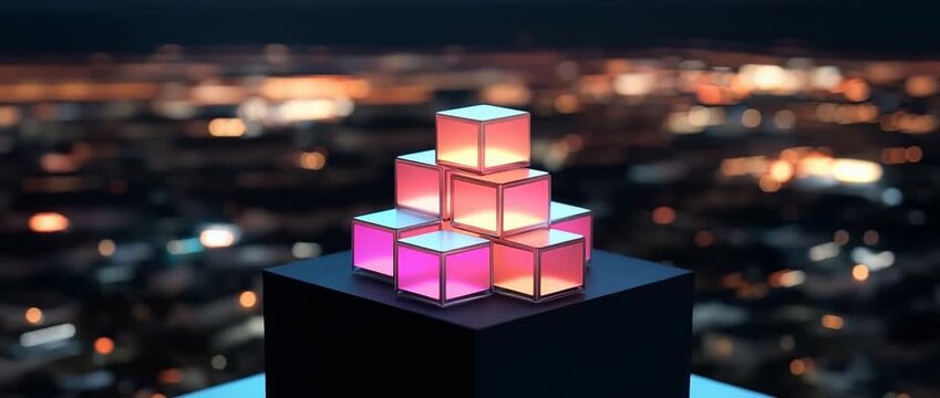 Illuminated glowing cubes stacked in a pyramid shape against a dark city bokeh view